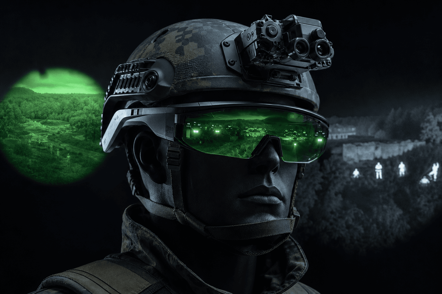 Futurystyczne okulary XR w ciemnym otoczeniu symbolizujące system noktowizji EagleEye od Anduril