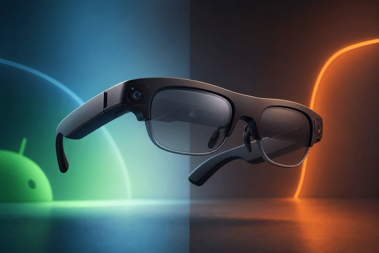 Okulary XR na futurystycznym tle w kolorach Android XR i Snap