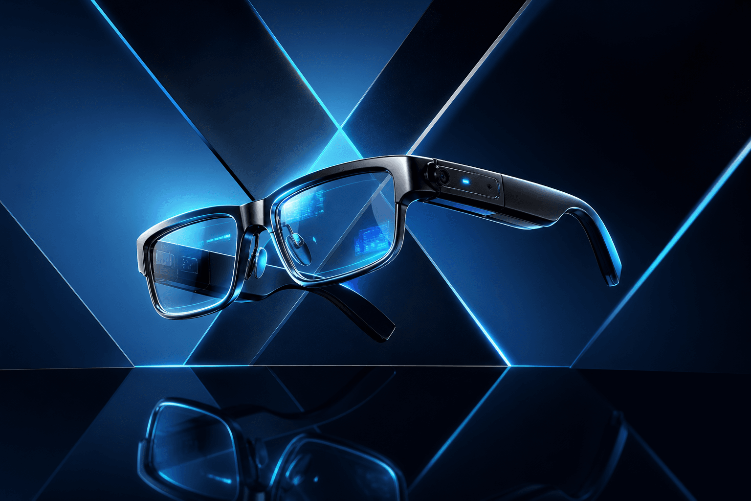 Futurystyczne okulary AR inspirowane premierą tańszego modelu XREAL XBX A01 na ciemnym, neonowo-niebieskim tle