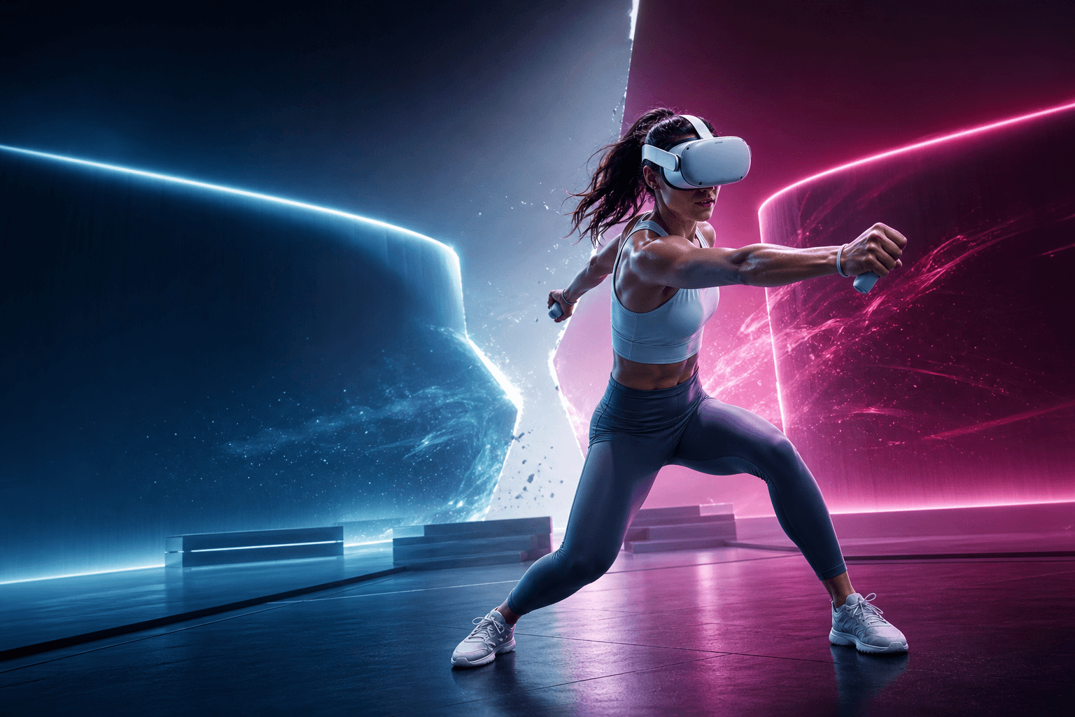 Kobieta ćwicząca w goglach VR w futurystycznym studiu fitness, z dynamicznym niebiesko-różowym tłem symbolizującym oddzielenie projektu od Meta.